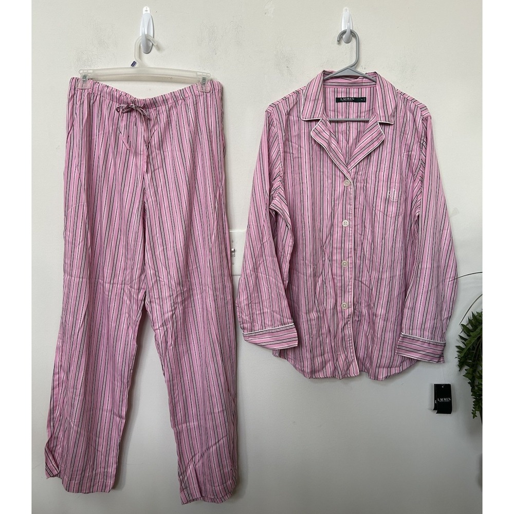 NWT Lauren Ralph Lauren Pajamas Set XL Pink Stripe Preppy Cozy Sleepwear Lounge